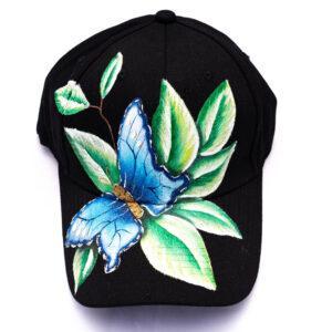Gorra negra pintadas a mano de mariposa / Martha Decoraciones