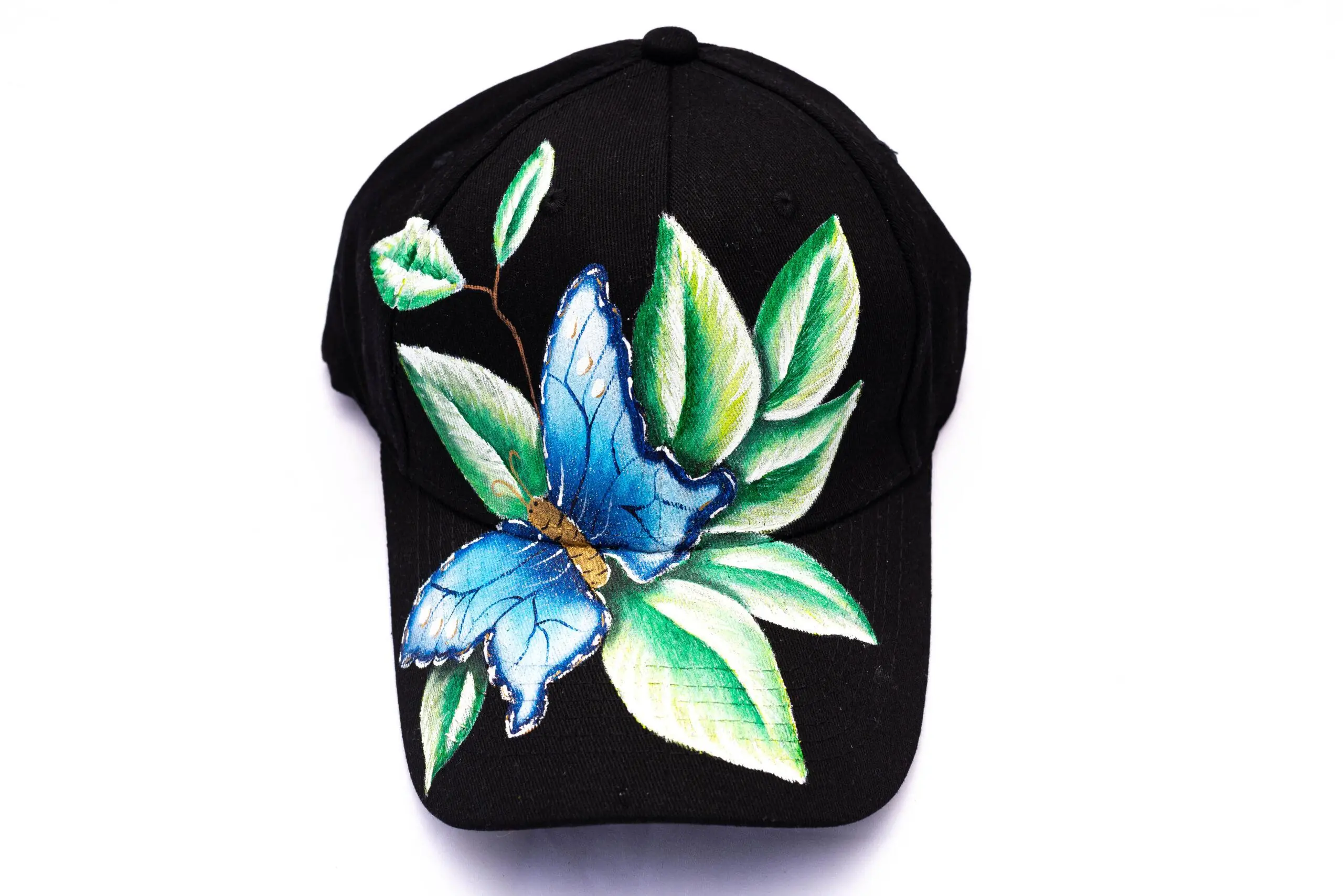 Gorra negra pintadas a mano de mariposa / Martha Decoraciones